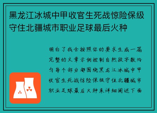 黑龙江冰城中甲收官生死战惊险保级守住北疆城市职业足球最后火种
