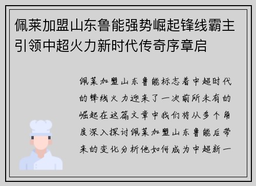 佩莱加盟山东鲁能强势崛起锋线霸主引领中超火力新时代传奇序章启