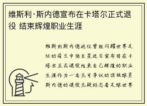 维斯利·斯内德宣布在卡塔尔正式退役 结束辉煌职业生涯